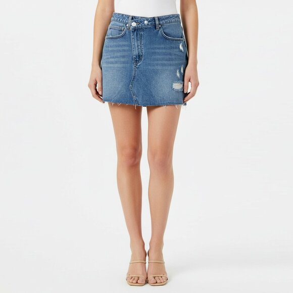 Forever 21 Crossover Jean Skirt Blue Denim Off CentreFly Distressed Chewed Hem - Picture 1 of 8